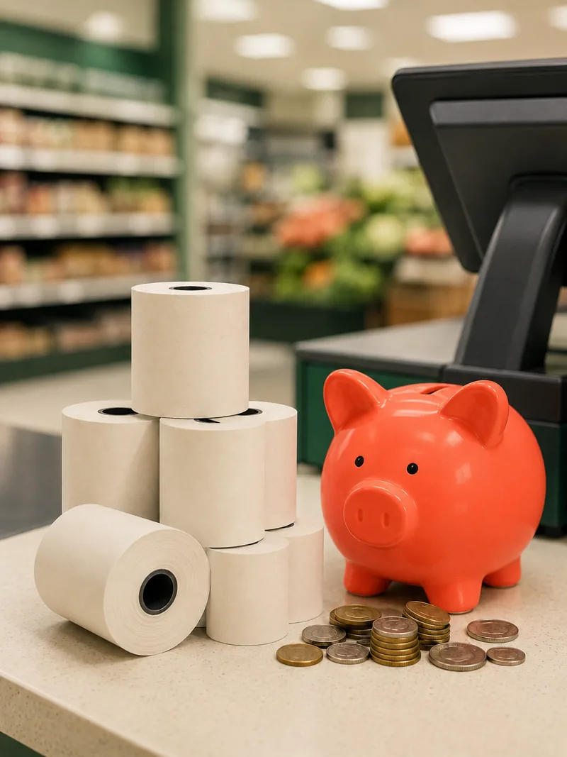 Rolos de bobina térmica empilhados ao lado de um cofre e moedas no caixa do supermercado