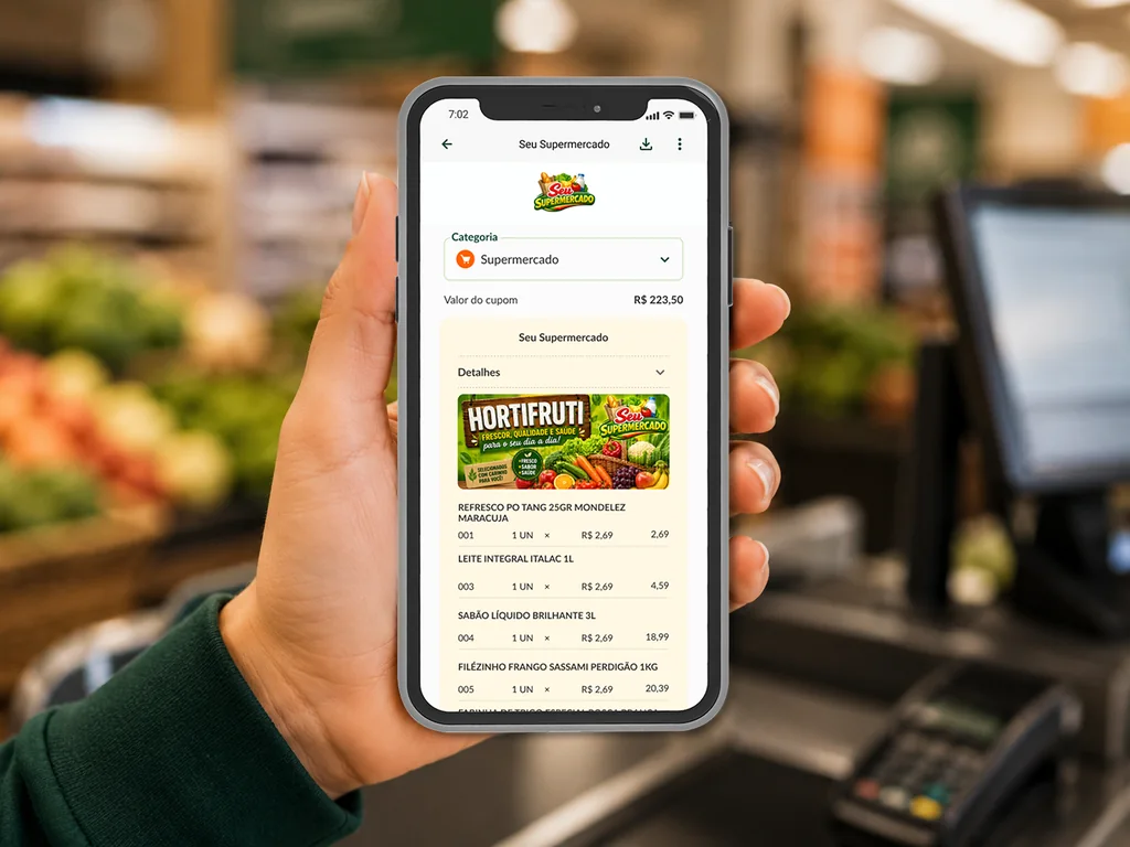 Cliente segurando o celular com o cupom fiscal digital aberto no app Cupom Verde