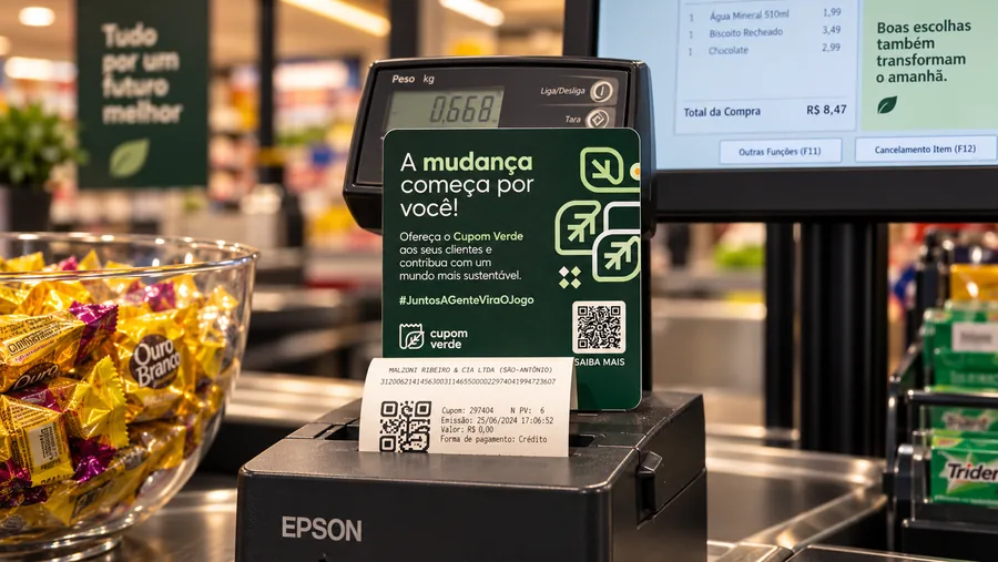 Impressora do caixa emitindo o cupom reduzido, ao lado do display do Cupom Verde