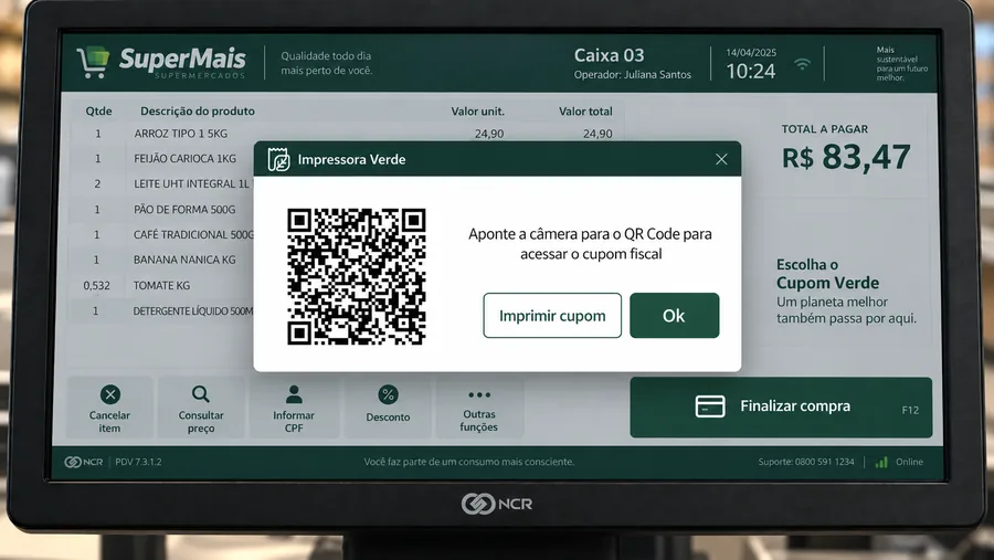 Tela do PDV com a caixa da Impressora Verde mostrando o QR Code do cupom fiscal