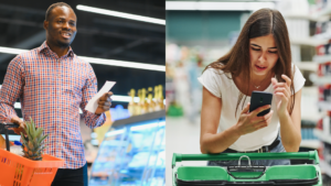 Na imagem há um homem segurando um cupom fiscal impresso ao lado de uma mulher segurando um smartphone para visualizar seu cupom fiscal digital